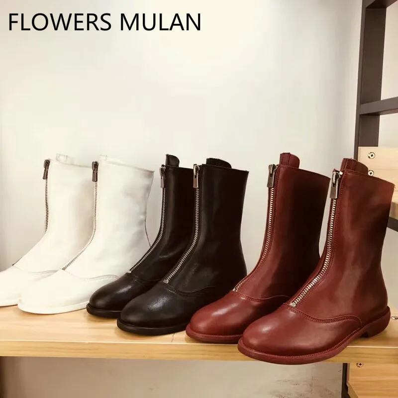 

New Arrival White Black Wine Red Genuine Leather Ankle Boots Women Round Toe Rubber Chunky Heel Cool Lady Front Zipper Botas