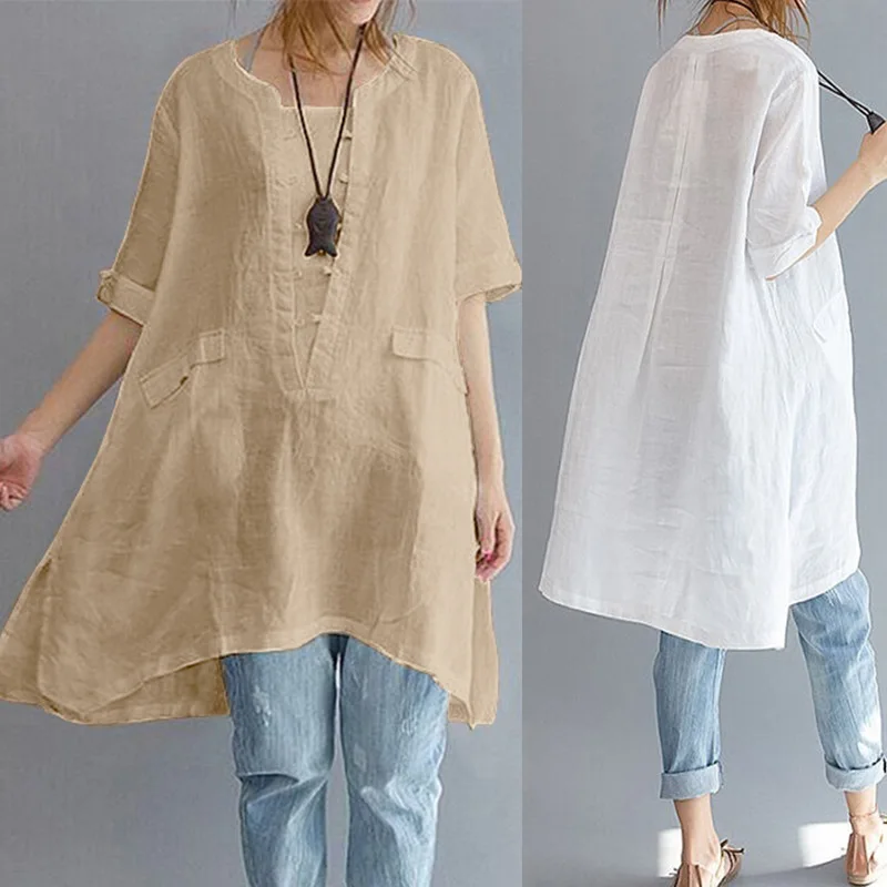 

Faylisvow 4XL 5XL Women Cotton Plus Size Blouse Baggy O Neck Short Sleeve Irregular Hem Tops Loose Blouses Simple Linen Blouse