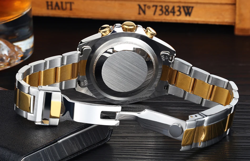 Мужские автоматические механические часы с ремешком из нержавеющей стали, повседневные часы с желтым, золотым, серебристым, синим ободком, деловые часы