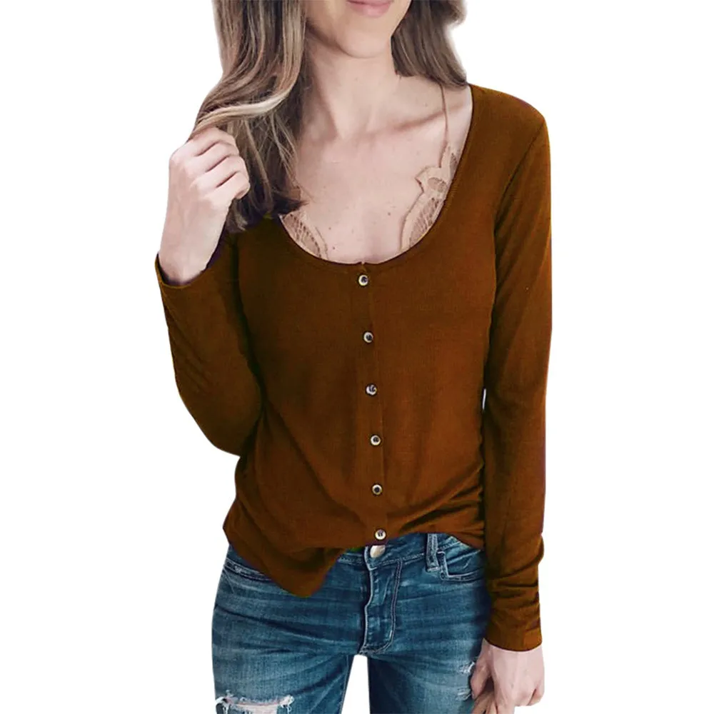Женская однотонная Повседневная футболка с круглым вырезом и пуговицами тонкая