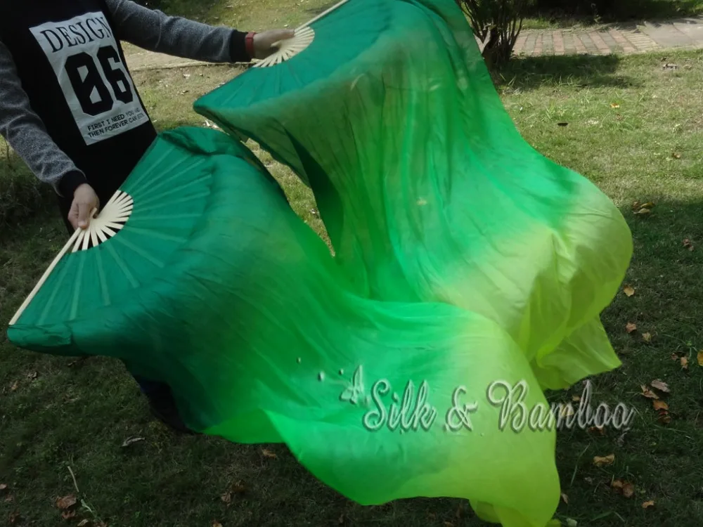Темно-зеленый-желтый зеленый, 1 пара 1,5 м* 0,9 м(5"* 35") Ручная роспись танец живота Шелковый веер вуаль, настоящий цветастый шелк