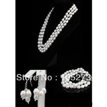 Новое поступление жемчужный Ювелирный Набор Элегантный белый 3 ряда риса 8-9 мм натуральный пресноводный жемчуг ожерелье браслет серьги оболочка застежка