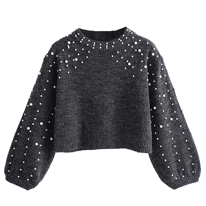 Pearl Turtleneck Sweater Women Winter Knitted Sweaters Lantern Sleeve Loose Short Pullover Female Autumn Casual Jumper MY776 | Женская