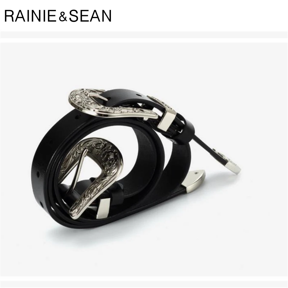 Renie SEAN кожаный ремень с двойной пряжкой, черные ремни с двумя пряжками для женщин, натуральная кожа, винтажный дизайнерский брендовый женский поясной ремень