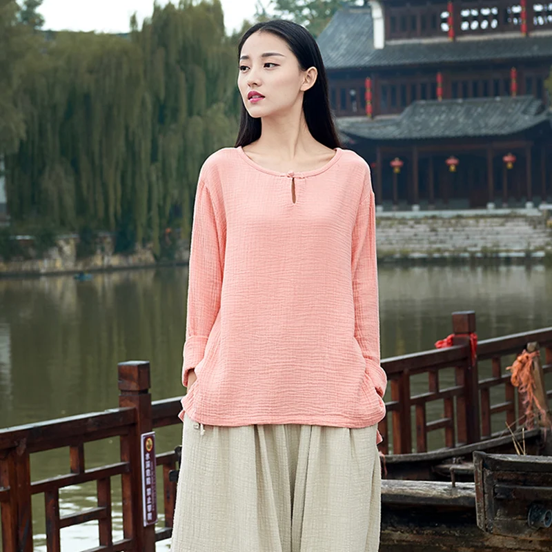 المرأة طويلة الأكمام قمصان فضفاضة الترفيه بلوزة القطن و الكتان blusa الأنثوية خمر camisa الربيع الخريف السترة قميص