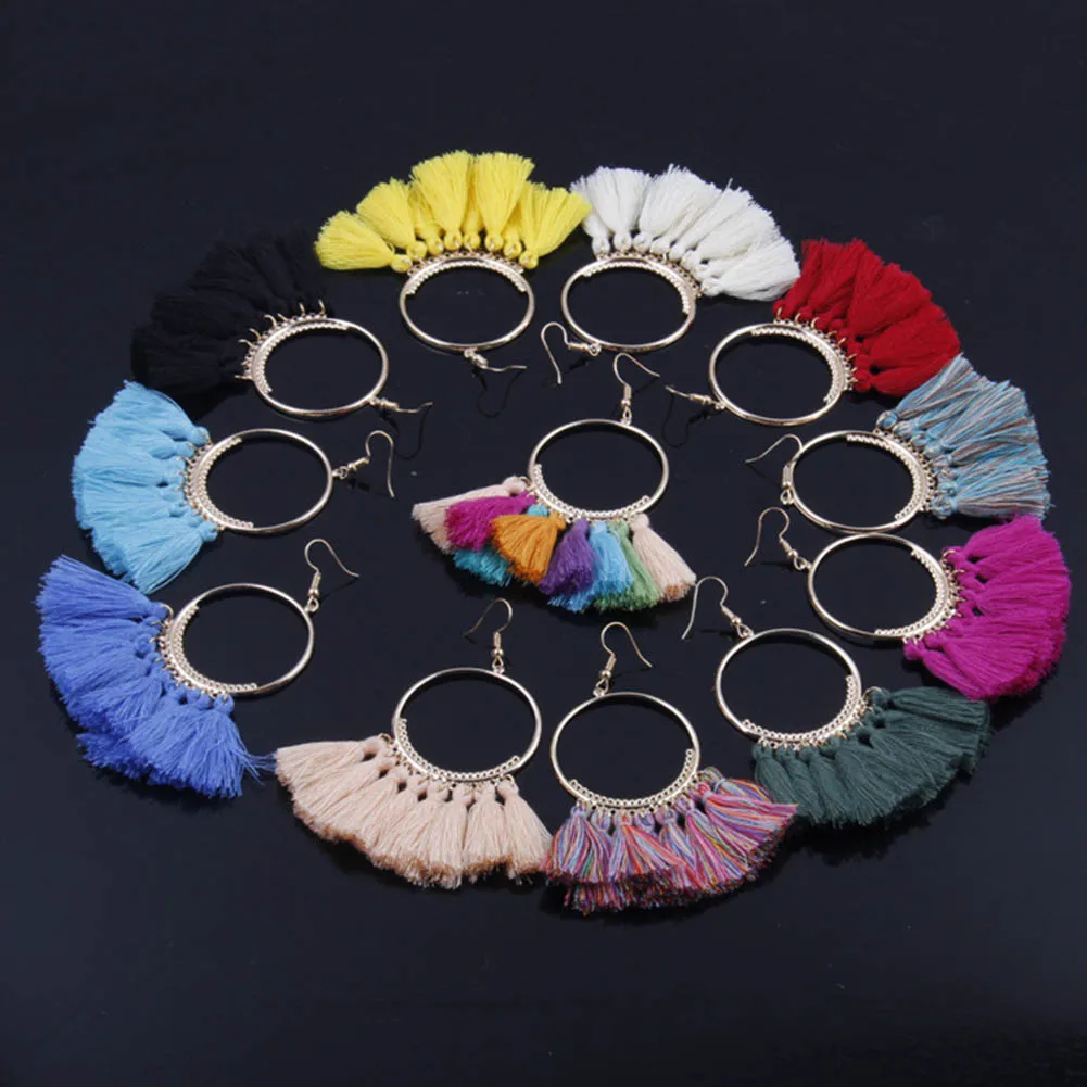 

Handmade Exaggerated Big Circle Tassels Drop Earrings Women Bohemian Tassel Earrings Multi Colors Statement Long Dangle Earrings