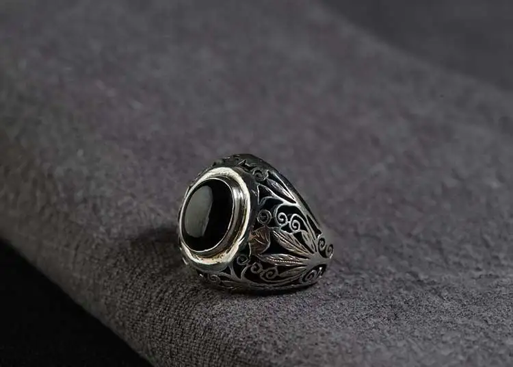 FNJ 925 Серебряное цветочное кольцо, новая мода, черный камень, S925 Стерлинговое тайское серебро, кольца для мужчин, ювелирные изделия, США Размер 6,5-10,5
