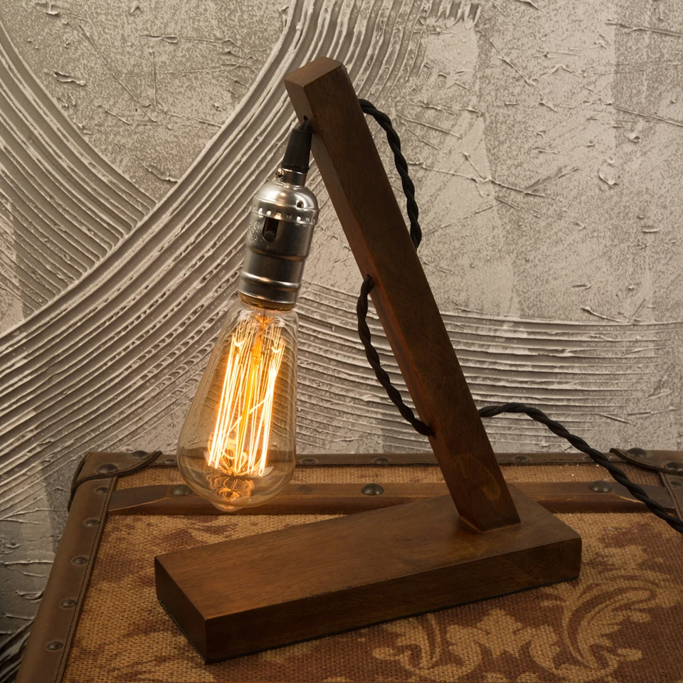 Loft Vintage E27 Holder LED Bulb Table Lamp, Wood Base Light, Brown