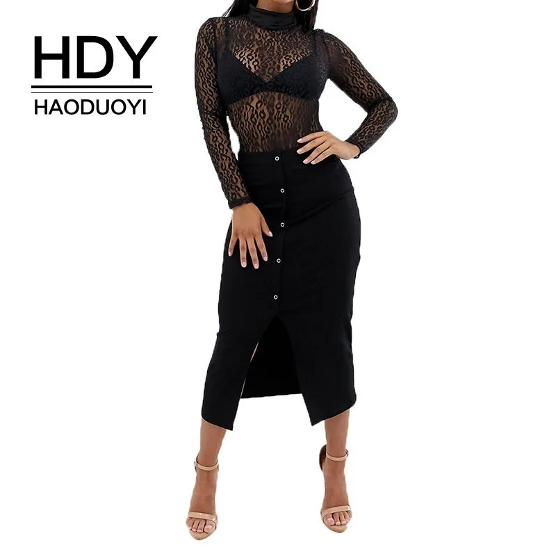 

HDY Haoduoyi 2019 Summer Spring Sexy Lady Skinny Perspective Lace Leopard Jumpsuit New Arrival Women Bodysuit