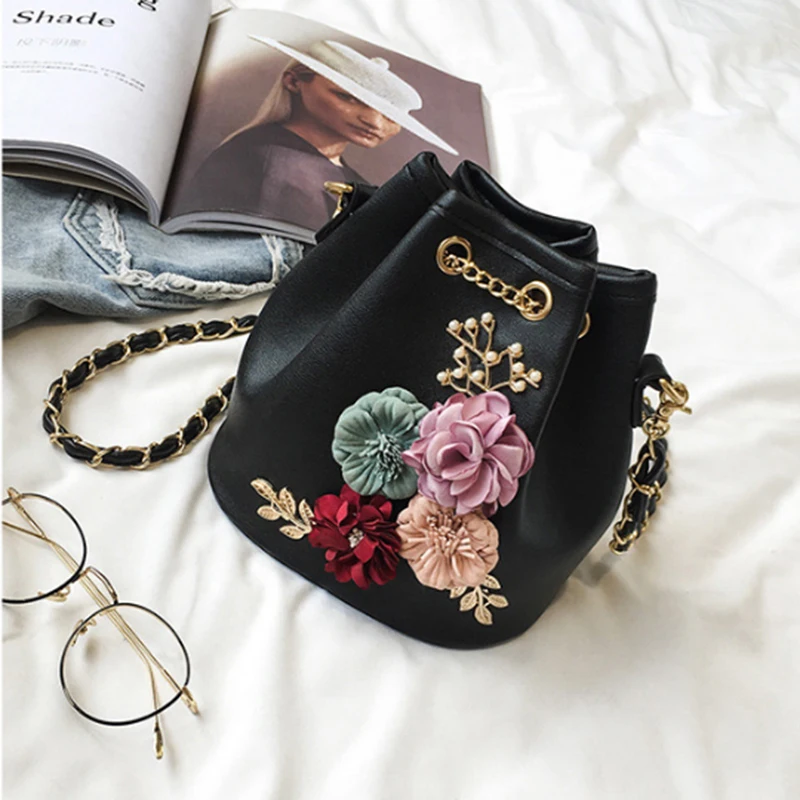Модная новая женская сумка, модная однотонная сумка-мешок с цветами, маленькая свежая сумка через плечо(черная - Цвет: Black