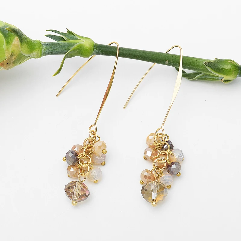 Wild&Free Vintage Crystal Beads Dangle Drop Earrings For Women Girl Gold Hook Long Earrings Romantic Wedding Jewelry Gift