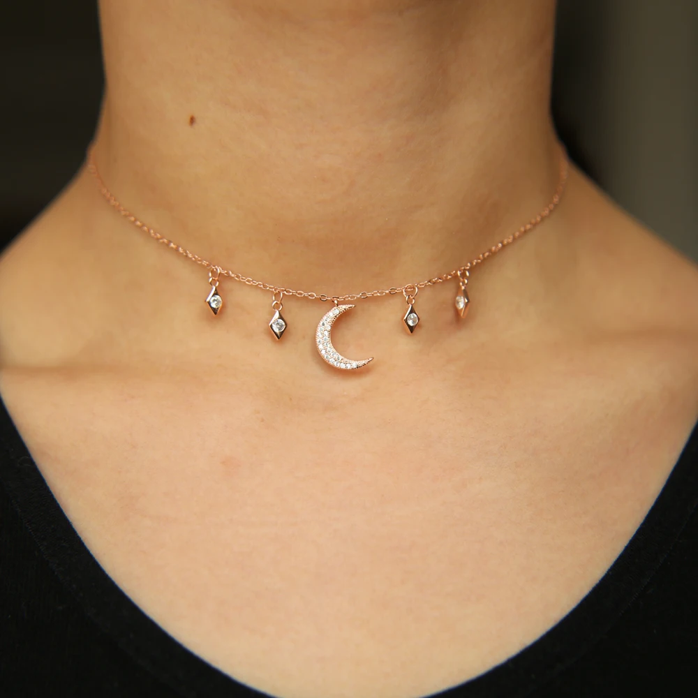 

925 Sterling siilver fine jewelry girlfriend gift teen girl moon star drop charm 32+8cm choker statement silver necklace cz