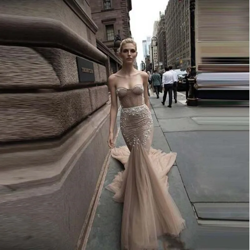 

Sexy Strapless Beaded Lace Vestidos De Novia Champagne Crystal Backless Mermaid Long Wedding Formal Dresses Robe De Mariage