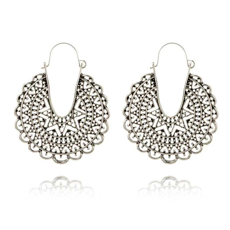 

G.YCX Bohemia Antique Silver Hollow Mandala Flower Earrings for Women Gypsy Tribal Ethnic Drop Dangle Earrings Fashion Jewelry