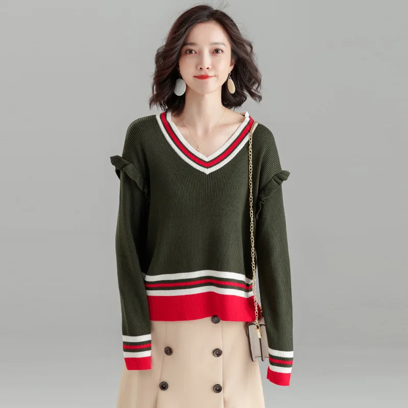 Printemps Papillon 2019 Pour cou Patchwork Simple Court Bleu De Pulls Femmes Tricoté V army Green Pull Manches Lâche over PwXZuTkiO