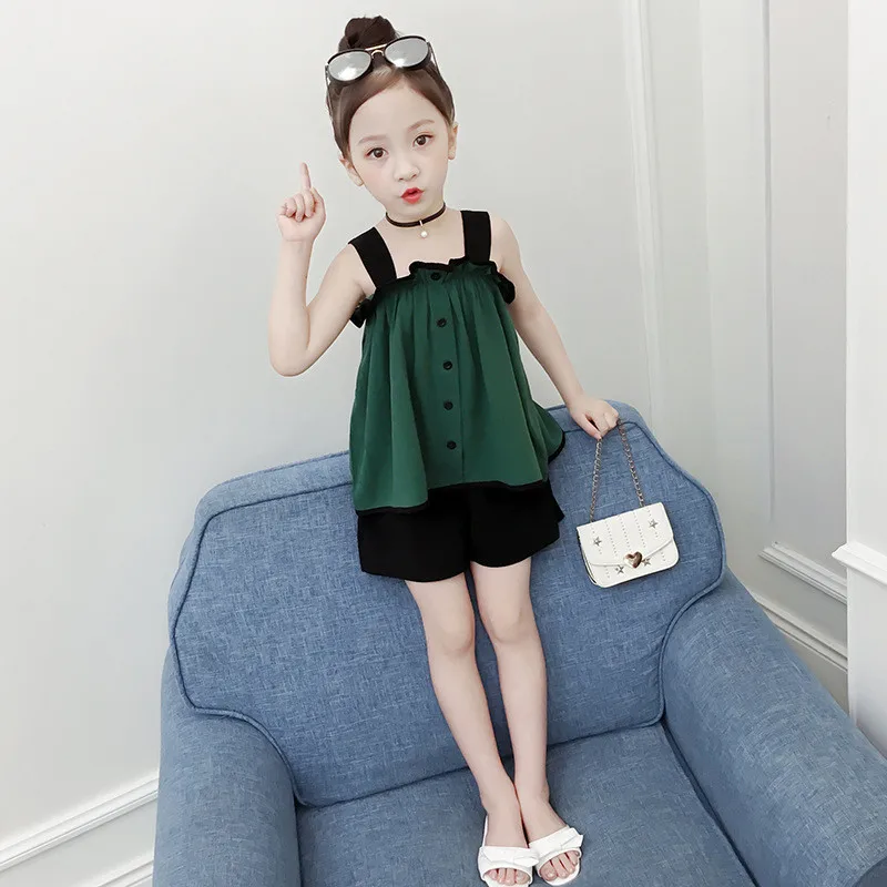 

2019 Summer Kids Girl Strap Ruched Tops+Solid Short Pants 2PCS Sets Teen Girls Casual Princess Suit Children Clothing Set Q953