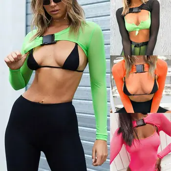 

HIRIGIN Newest Women Crop Tops T-Shirt Lady Summer Hollow Out Long Sleeve Sheer Mesh Tee Transparent Clubwear