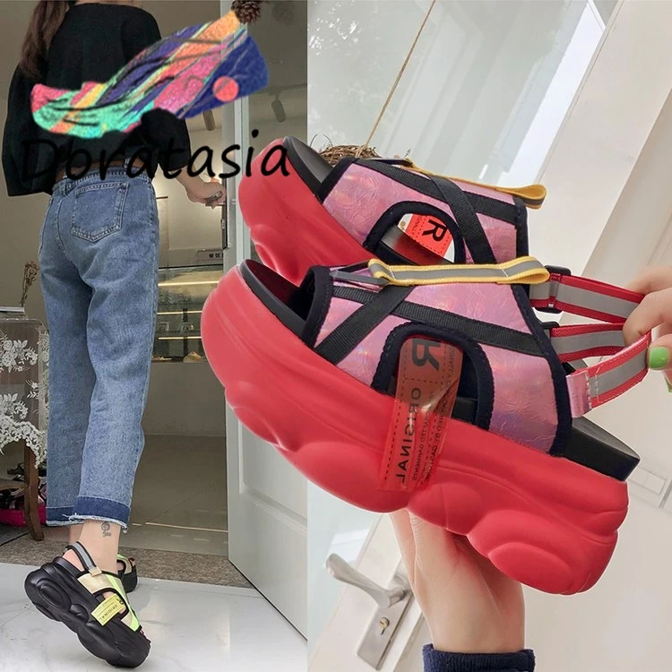 

DORATASIA New INS Hot Reflective Metalic Platform Sandals Women 2019 Summer Girl Fashion Casual Women Wedges Shoes Woman