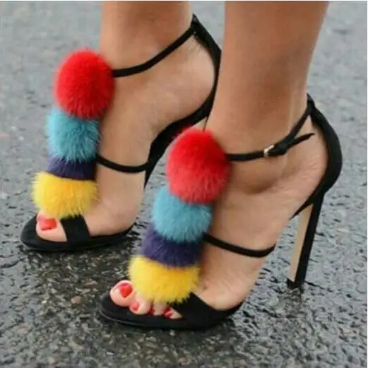 

Drop Shipping 2017 Summer Luxury Women Colorful Fur Balls Open Toe Party High Heel Dress Sandals Pom Pom Sandals Lady