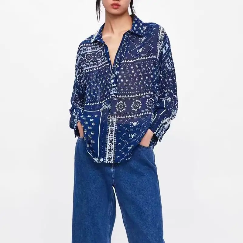 

2019 za women froal shirts blouses full sleeve retro tunic blouses Shirt chain Womens Camisa Blusas Feminina Blouse