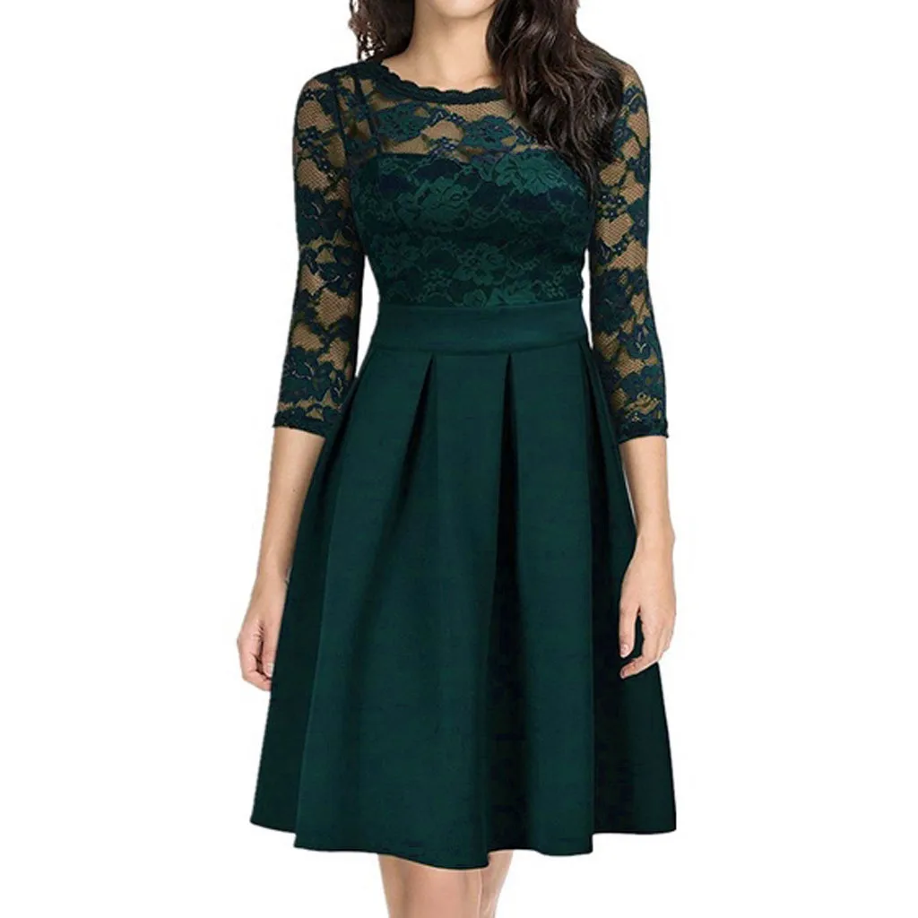 

JAYCOSIN Fashion Women Casual Plus Size Lace Hollow out Three Quarter Patchwork Dress Summer Polyester Princess A-Line June 20