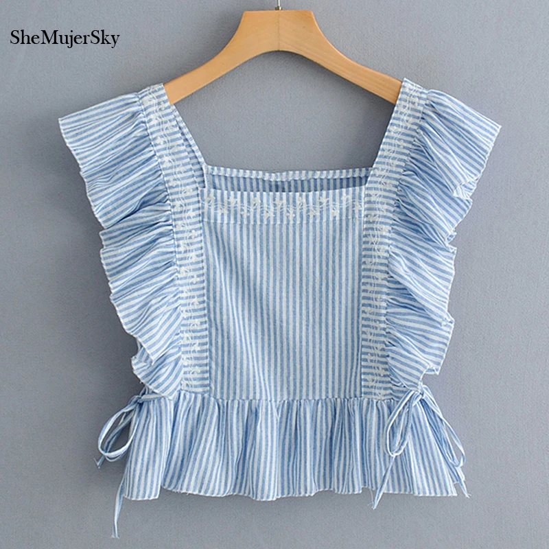 

SheMujerSky Blue Striped Ruffles Womens Blouses Summer Sleeveless Embroidery Ladies Tops 2019 Shirts