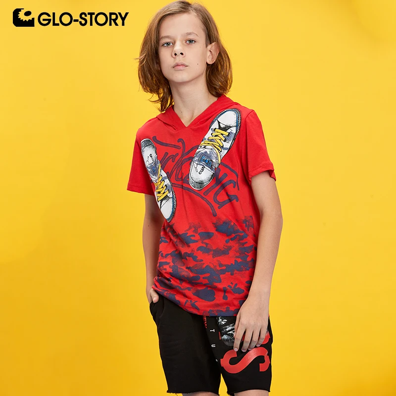 

GLO-STORY Children Boys 2019 Summer Fashion Shoes Print Short Sleeve Hooded T-shirts Tops Kids Boy Knitted Tee Shirt clothes7270