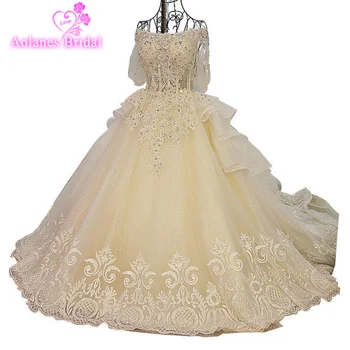 

Real Photos Vestido De Noiva Lace Trouwjurk Gelinlik Elegant A-line Appliqued Crystals Bows Tulle Bridal Wedding Dress 2017