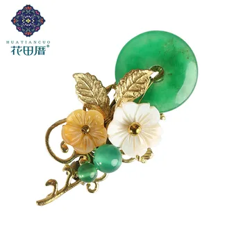 

Vintage Green Jades Shell Flower Brooch Golden Alloy Leaf and Vine Women Brooch Fashion Beads Brooch XZ-18012