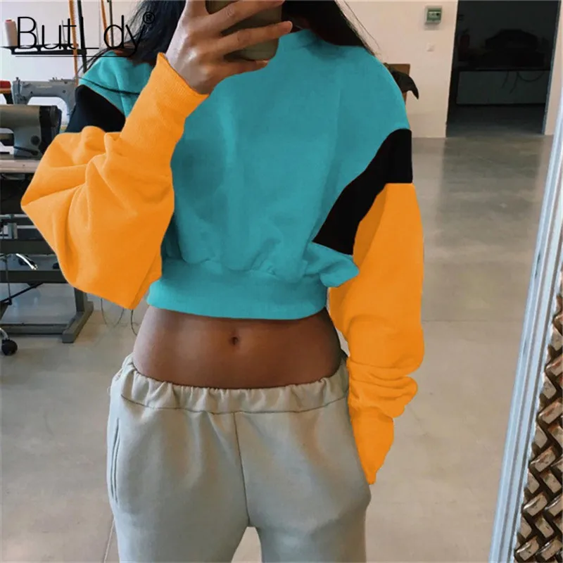 Long Sleeve Patchwork Sexy Short Sweatshirt Women Autumn Winter 2018 Cropped Pullovers Sweatshirts Fashion Oversized Hoodie Tops Hoodies
