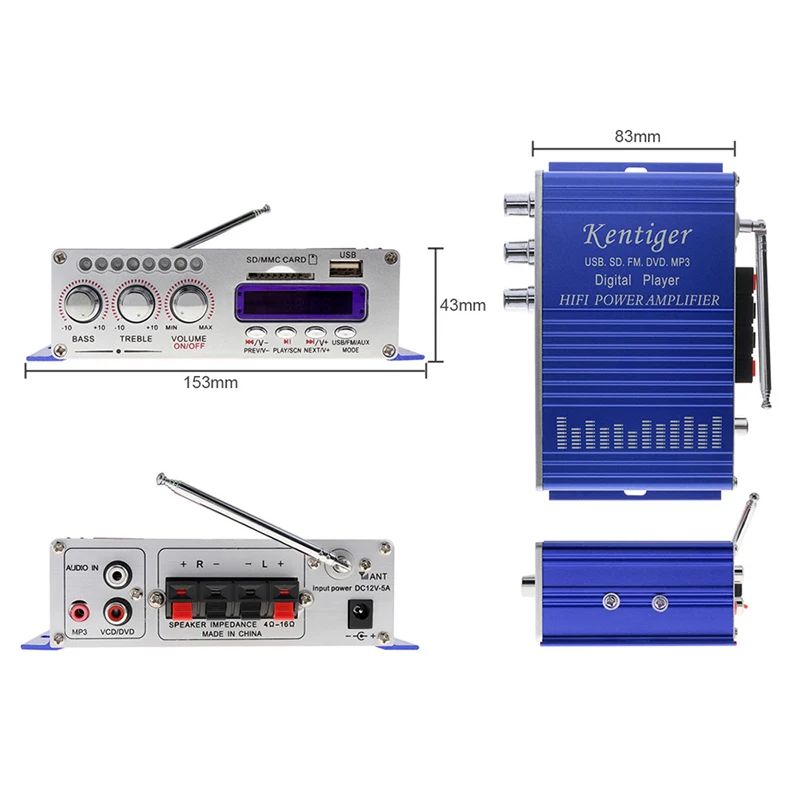 Kentiger HY502 Audio Car Stereo Amplifier 12V Mini 2CH Super Bass Digital Music Player Power Amplifier Support USB MP3 FM Hi-Fi