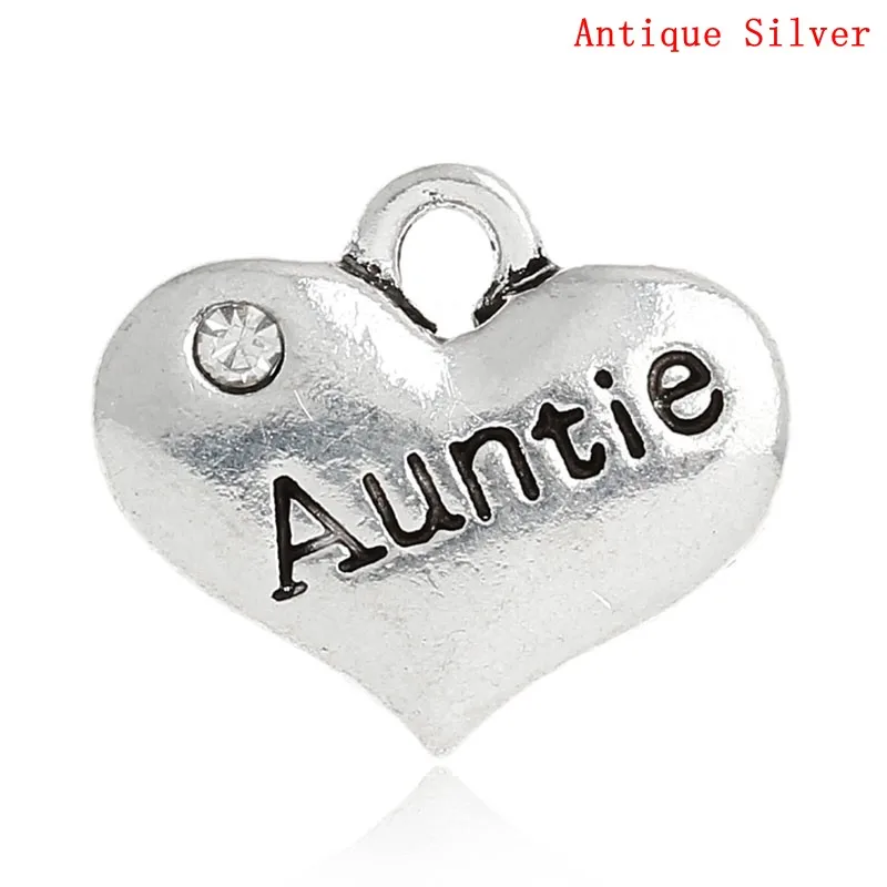 

DoreenBeads Zinc Metal Alloy Rhinestone Charm Pendants Heart Antique Silver Message" Auntie " Clear Rhinestone 16mmx14mm,2 PCs