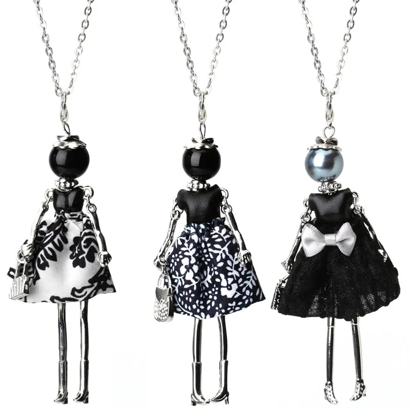 

New Design Women Lovely Black Girl Doll Necklace Cloth Bowknot Dress Princess Pendant Chain Long Necklace Jewelry Gifts