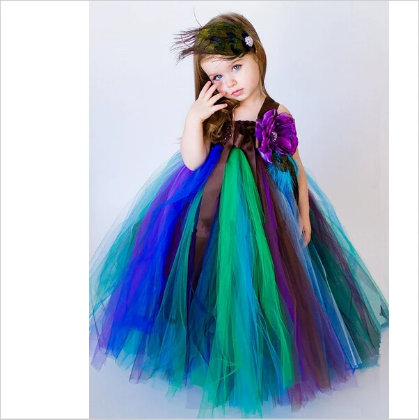 Christmas Easter Costumes Girls Mesh Bunny Dresses Ballet Dance Girl Clothes Performing Colorful Peacock Princess Dress