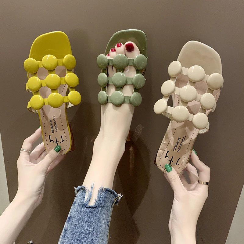 

Summer Women Shoes Slippers Woman Female Slides Solid Pearl String Bead Square Mid Heels Crystal Plus Size Sexy Ladies Slipper