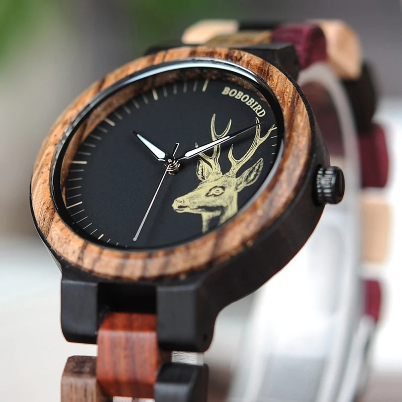 BOBO BIRD P14 Lover's Wood Watches Colorful Wood Band Dear Head Watch Dial Men Women Quartz Watches