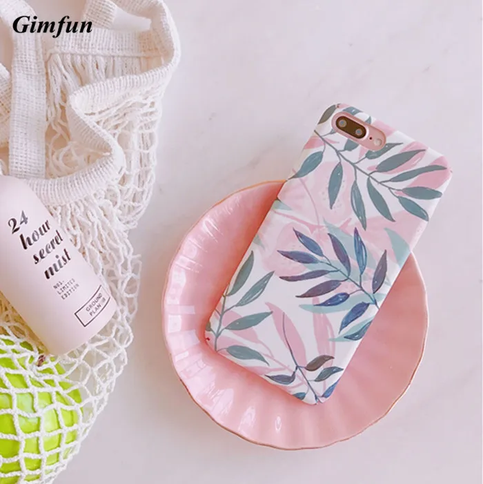 

Gimfun Pink Fresh Leaves Phone Case for Iphone 7 7 Plus 6 6s 6plus 8 X 5 5s flower Hard Pc case Back Cover