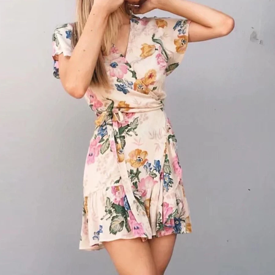 Boho короткое пляжное платье 2018 район хлопок цветочный принт обёрточная бумага