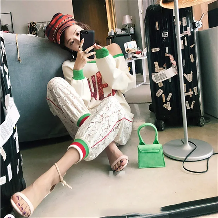 

White Lace Trousers Leisure Women 2019 Floral Pockets Elastic Waist Calf-Length Pants Women