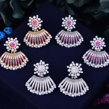 

GODKI Simulated Pearl Stud Earring Full Mirco Cubic Zirconia Engagement Ear Jacket Women Dress Jewelry