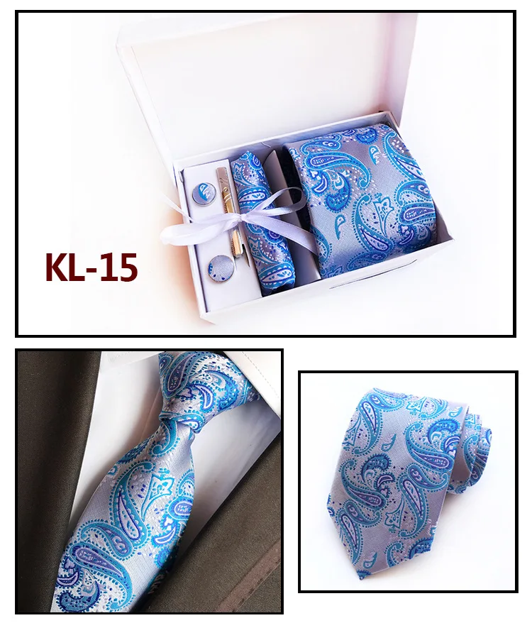Роскошные Для мужчин шелковые галстуки Пейсли Цветочный комплект галстуков для Для мужчин Tie запонки Hanky зажим для галстука Gift Box Set