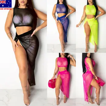 

Women 2 Piece Set Casual Bodycon Maxi Skirt and Crop Top Ladies Chiffon Bikini Cover Up Perspective V-neck Swimwear
