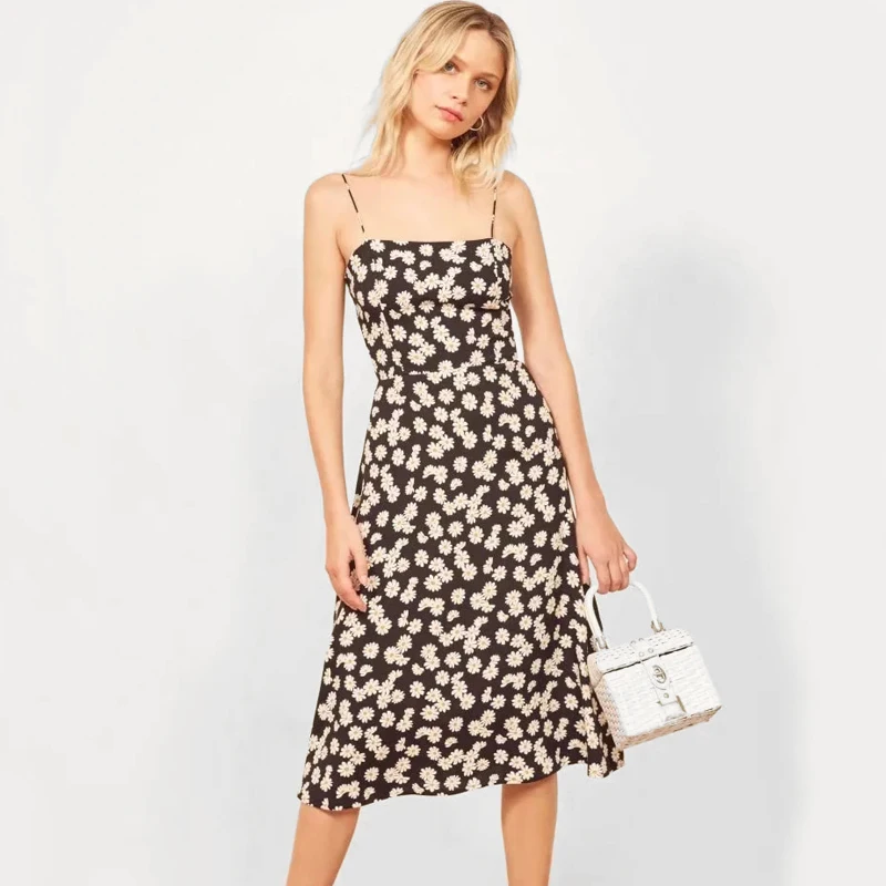 

2019 Women Tie Straps Daisy Print Midi Length Dress With Back Zipper long Dress Backless Crew Neck Beach long Vestidos