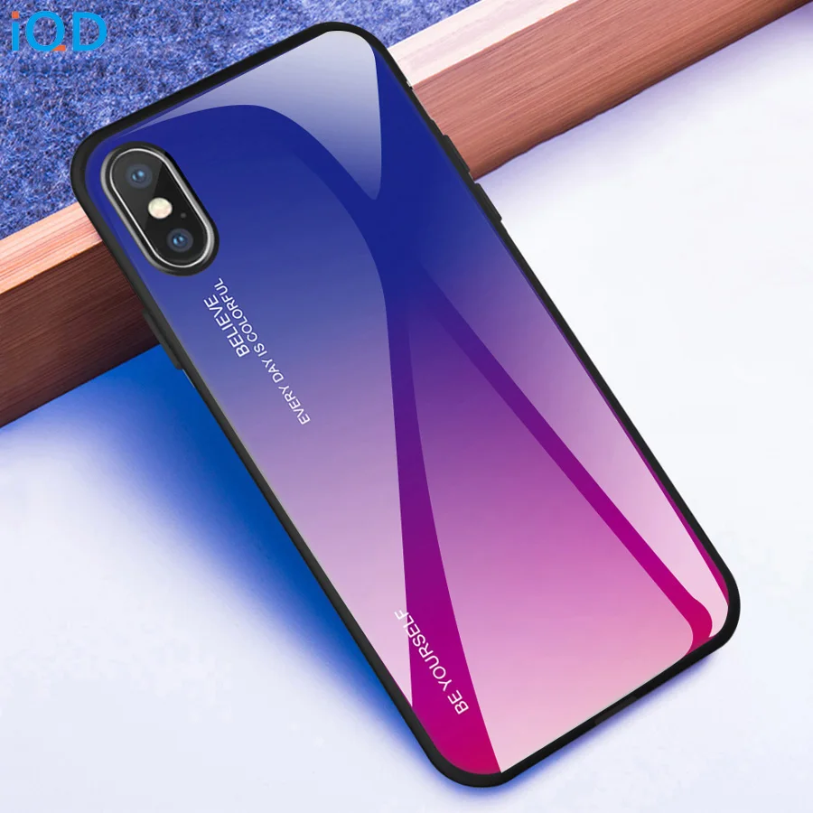 IQD для iPhone X Xr Xs Max чехол цветной градиент закаленное стекло задняя крышка TPU бампер