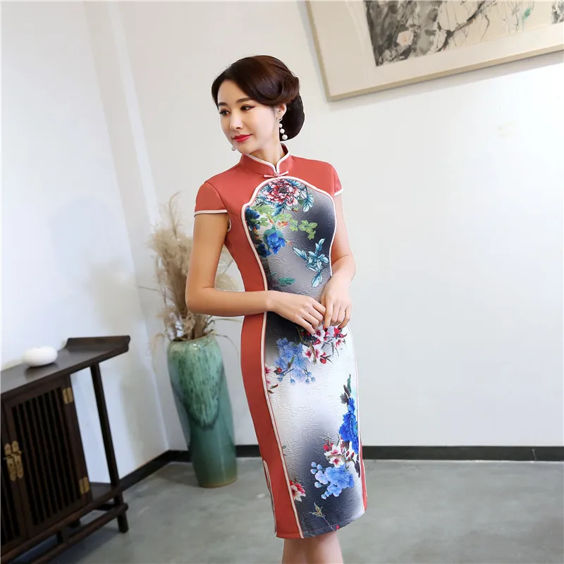 Восточный стиль печати Cheongsam Китай ретро Сращивания Длинные Qi Pao подобные шелковые платья Китайская традиционная одежда ежедневно платье