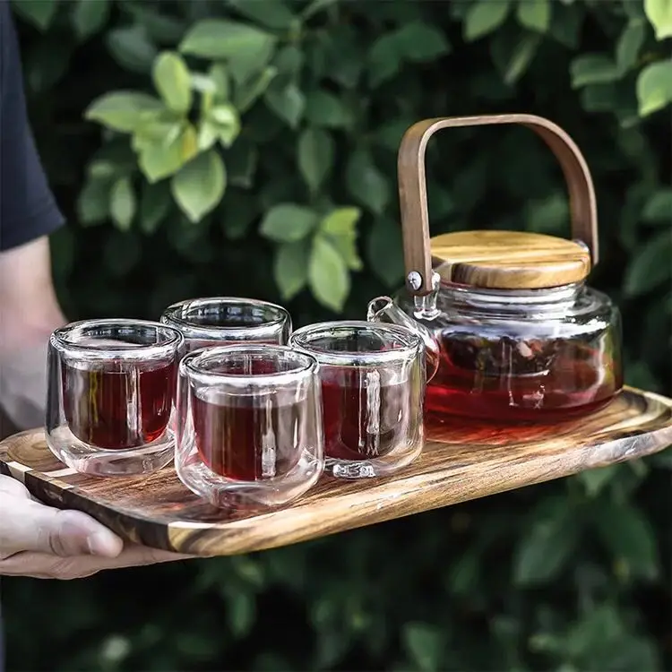 6 комплектов/набор чайный набор кунг-фу прозрачные стеклянные наборы чайников анти-Горячая двойная чашка японский холодный чайник деревянные поддоны лоток набор подарок
