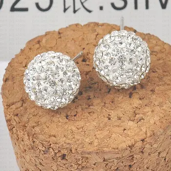 Free shipping white 12mm full cz rhinestones ball silver 925 Sterling Silver studs earring rhinestone
