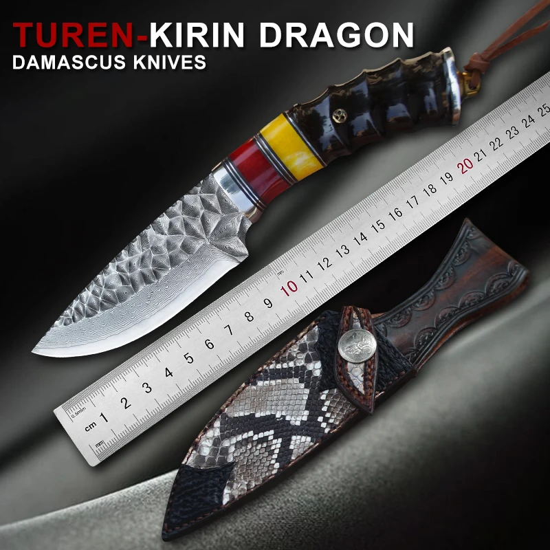 

TUREN-Straight Handmade forged High hardness VG10 Damascus knives fixed knife hunting knife Pattern steel Outdoor knife