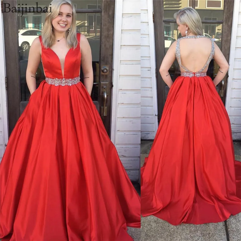 

Baijinbai Red Evening Dresses with Pockets Long Illusion Deep V Neckline Beading Formal Prom Dress Floor Length Satin Ball Gown