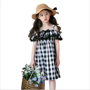

Girls baby plaid dress 2019 summer new cotton lace patchwork off shoulder dress girls Korean Princess dress children clothes 761